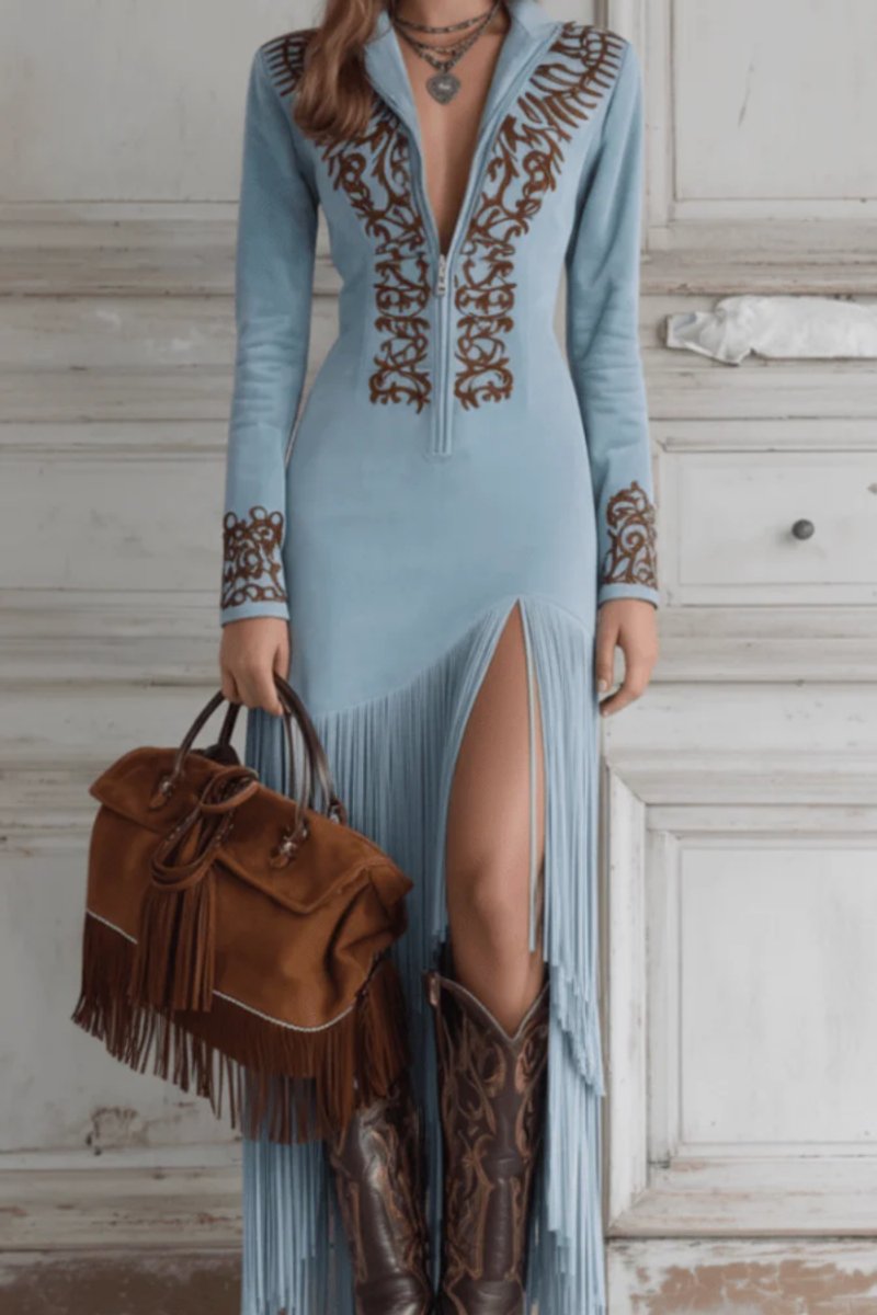Women's Embroidered Maxi Evening Gown with Fringe Trim