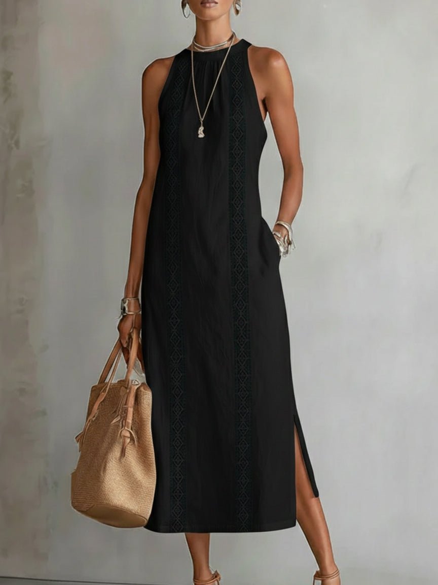 Women's Round-Neck Embroidered Sleeveless Midi Dress