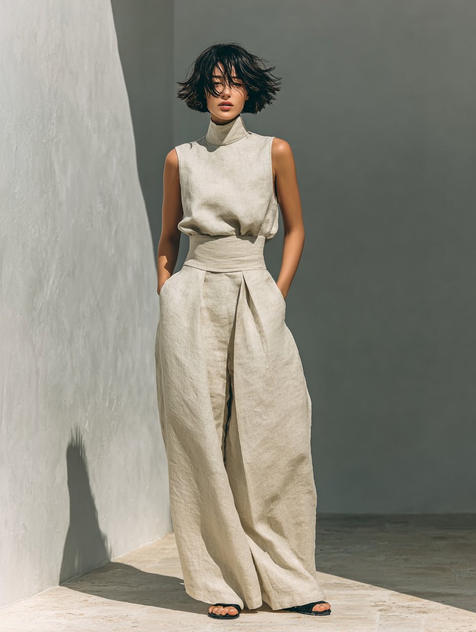 High-Neck Sleeveless Linen Top and Wide-Leg Trousers Set for Women