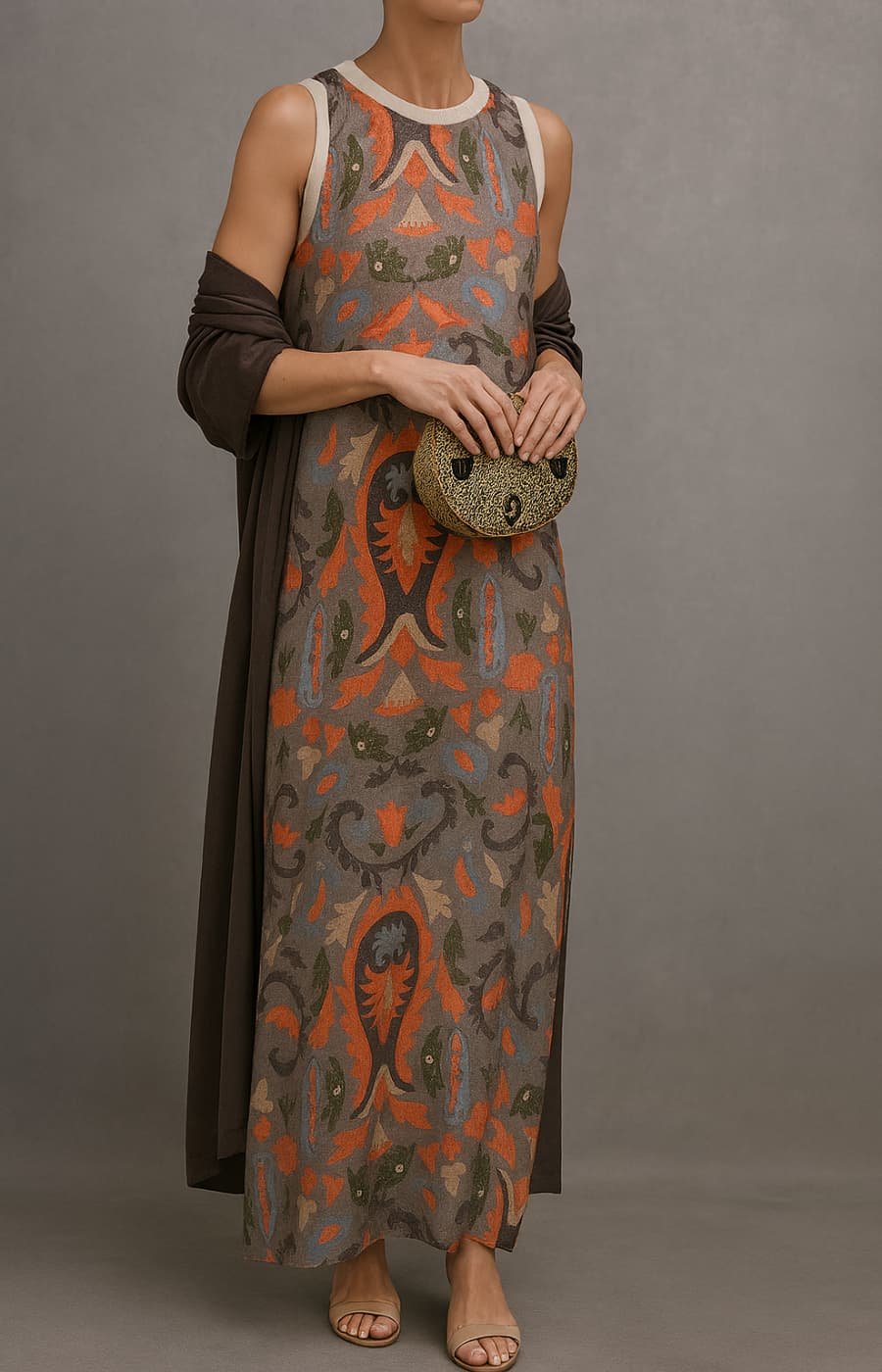 Women's Floral Print Sleeveless Maxi Dress and Scarf Set