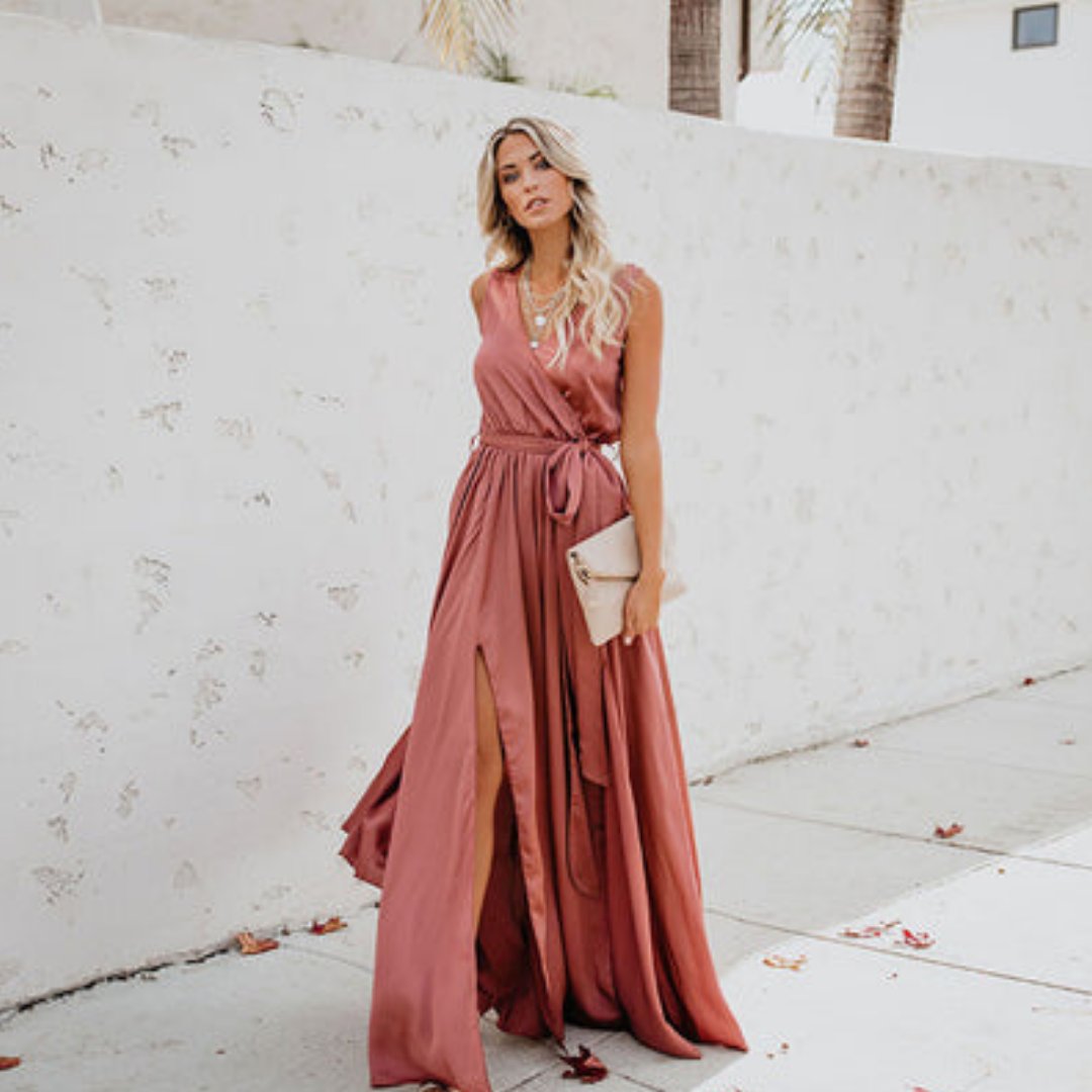 Women's Side-Slit Sleeveless Tie-Waist Maxi Dress