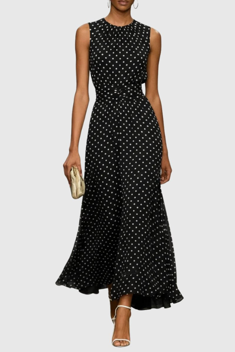 Women's Polka Dot Sleeveless Maxi Evening Gown with Ruffle Hem