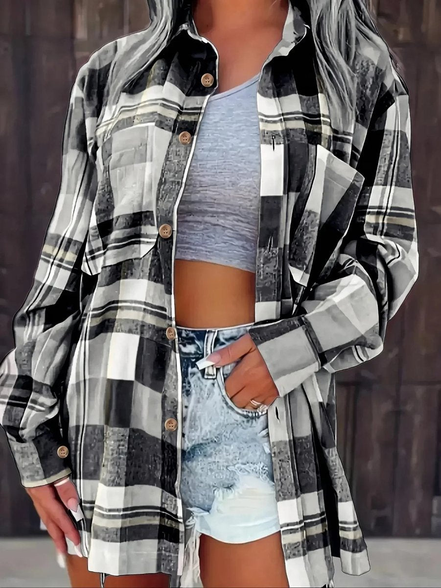 Women's Long Sleeve Plaid Flannel Cardigan Shirt in Oversized Cut