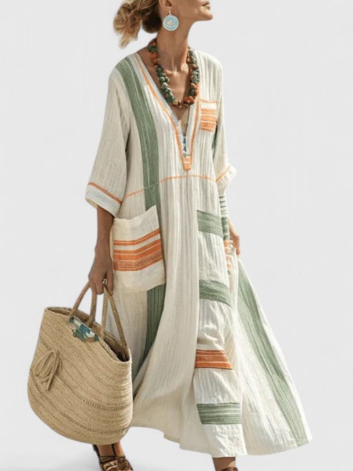 Women's Oversized V-Neck Striped Linen Boho Maxi Dress
