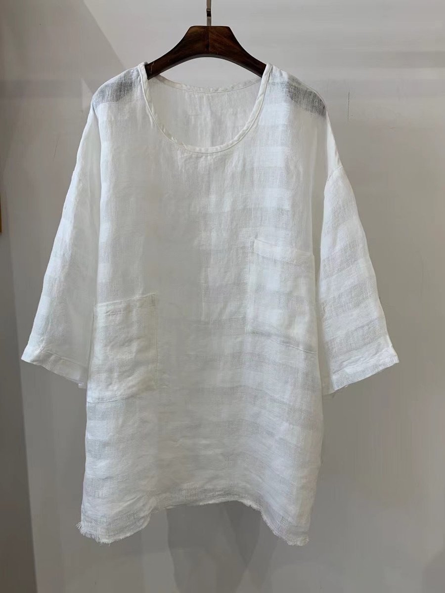 Women's Loose-Fit Linen Tunic Top with Front Patch Pockets