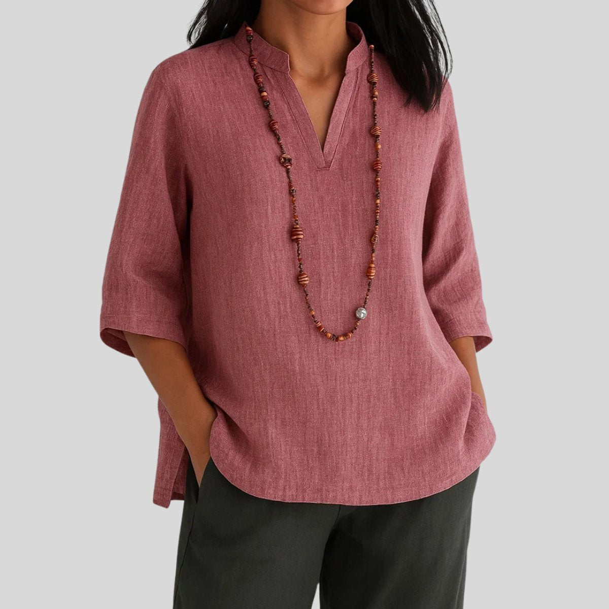 Women's 3/4-Sleeve Linen V-Neck Relaxed Tunic