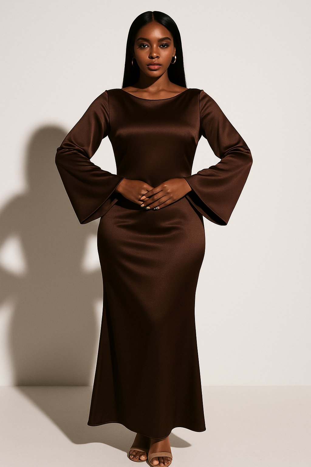Women's Scoop Neck Satin Fishtail Maxi Dress with Long Sleeves