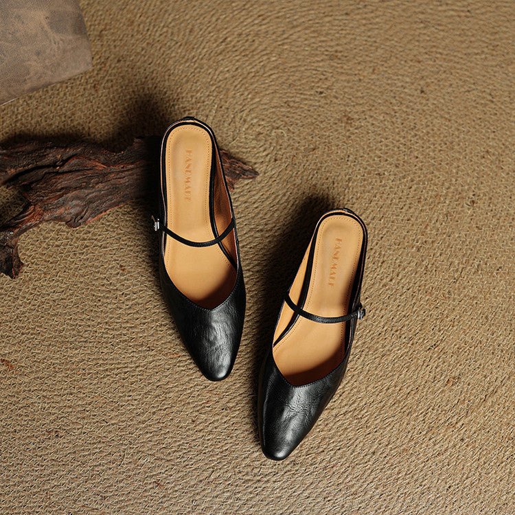 Women's Pointed-Toe Leather Mary Jane Backless Mules