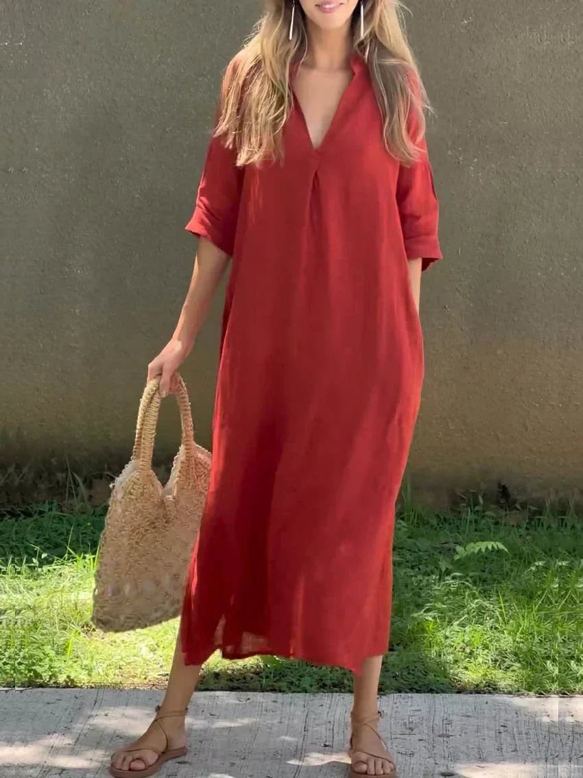 Women's Relaxed V-Neck Cotton-Linen Summer Maxi Dress