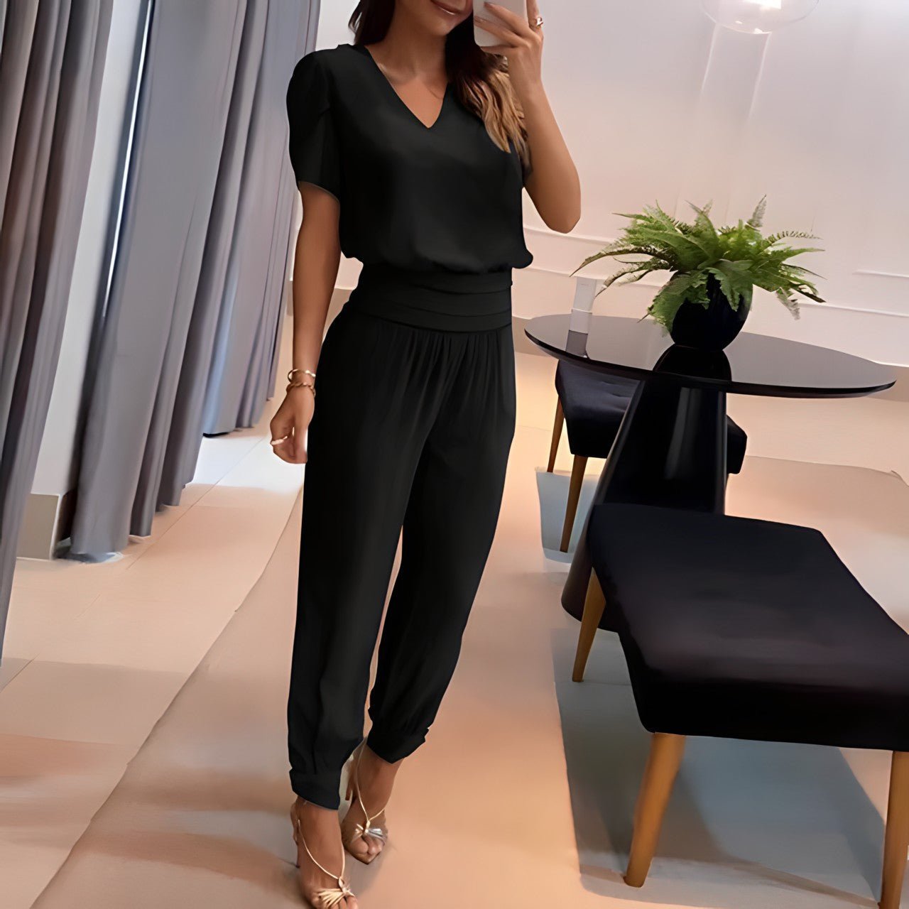 Short-Sleeve V-Neck Top and Wide-Leg Trousers Two-Piece Set for Women