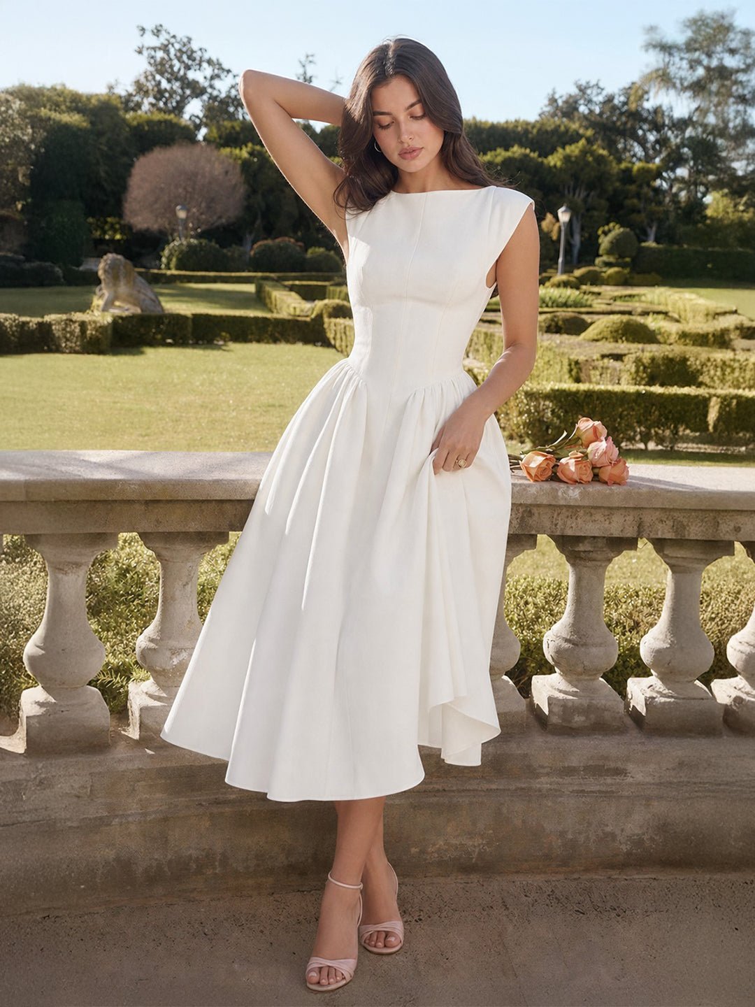 Women's Retro Satin Boatneck Midi Dress