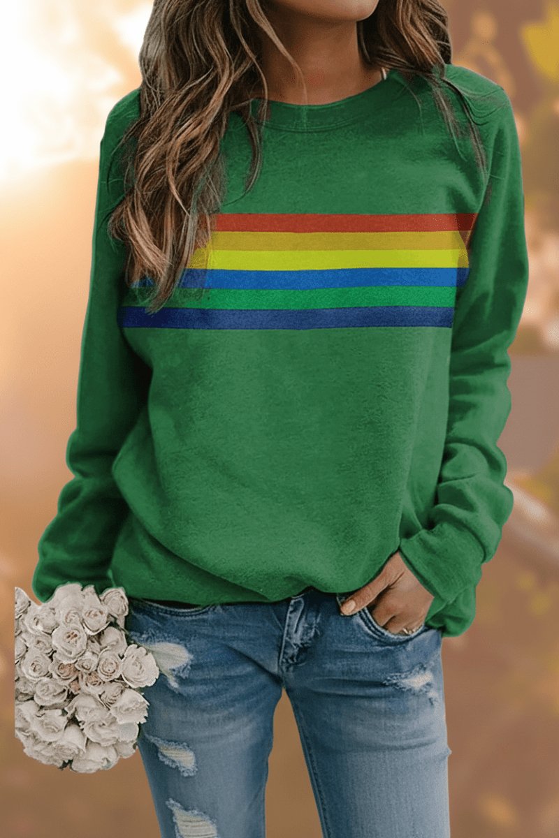 Women's Loose-Fit Retro Rainbow Striped Sweatshirt