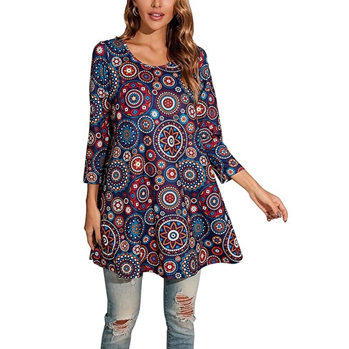 Women's 3/4 Sleeve Mandala Pattern Relaxed Tunic Top