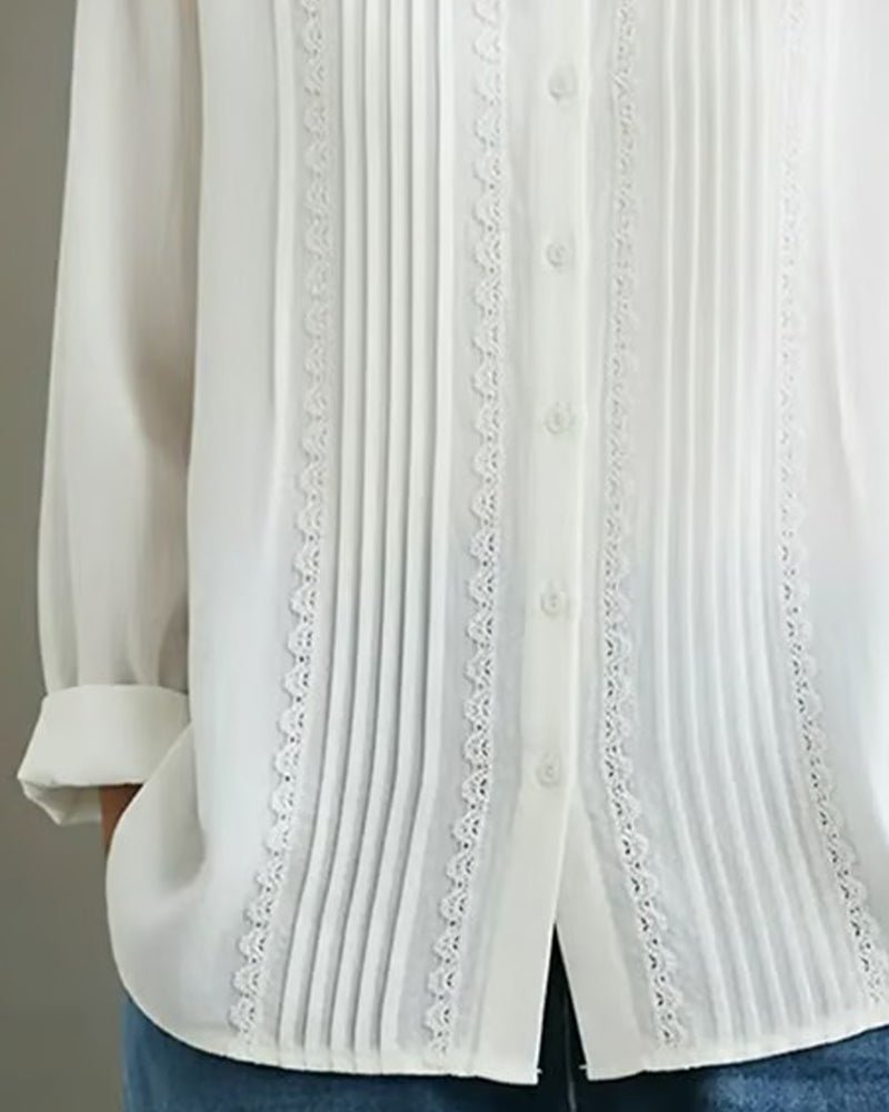Women's Long-Sleeve White Lace Pleated Button-Down Blouse