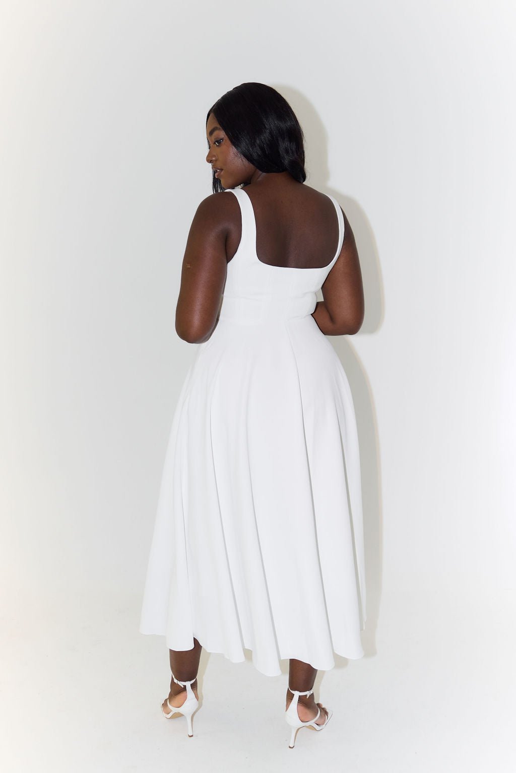 Women's Square-Neck Sleeveless A-Line Midi Dress in White