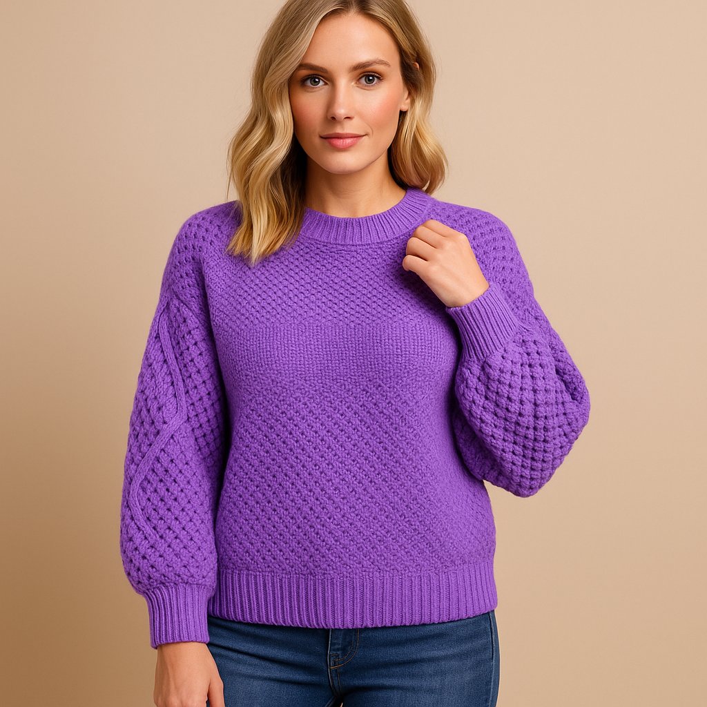 Cable-Sleeve Crewneck Soft Knit Pullover for Women