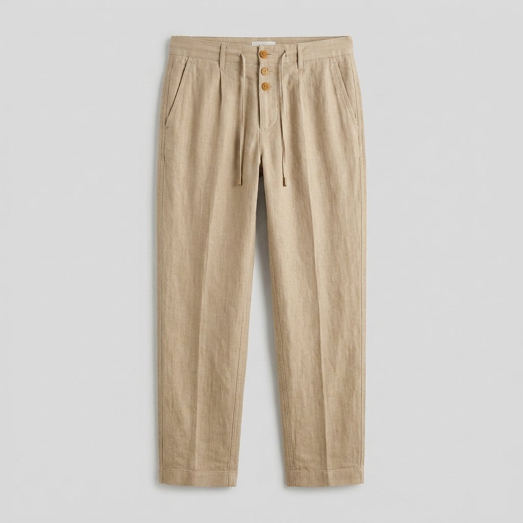 Men's Relaxed Linen Trousers with Elastic Drawstring Waist and Buttons