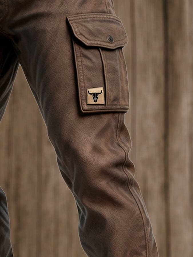 Men's Tapered Slim-Fit Cargo Trousers with Bull Patch