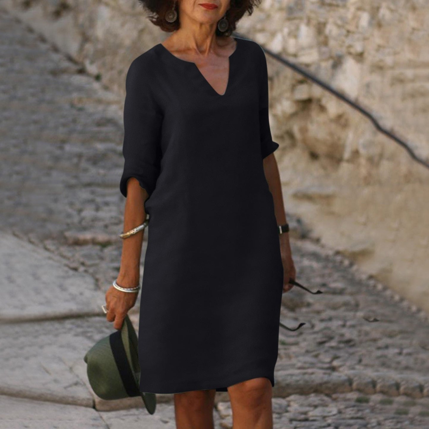 Women's Plain V-Neck Knee-Length Dress
