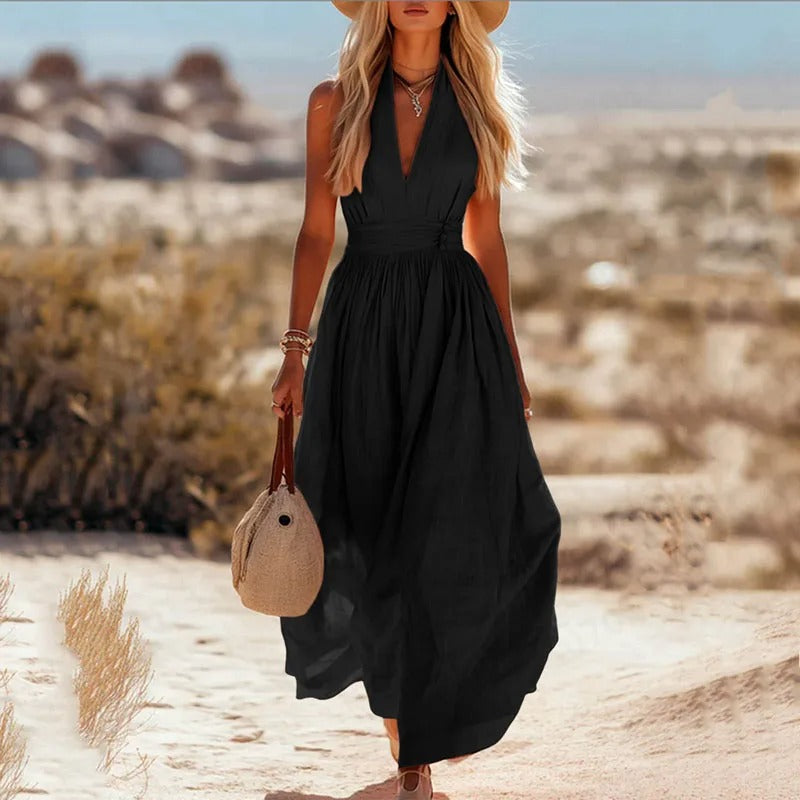 Women's Bohemian Sleeveless Halter Linen Maxi Dress