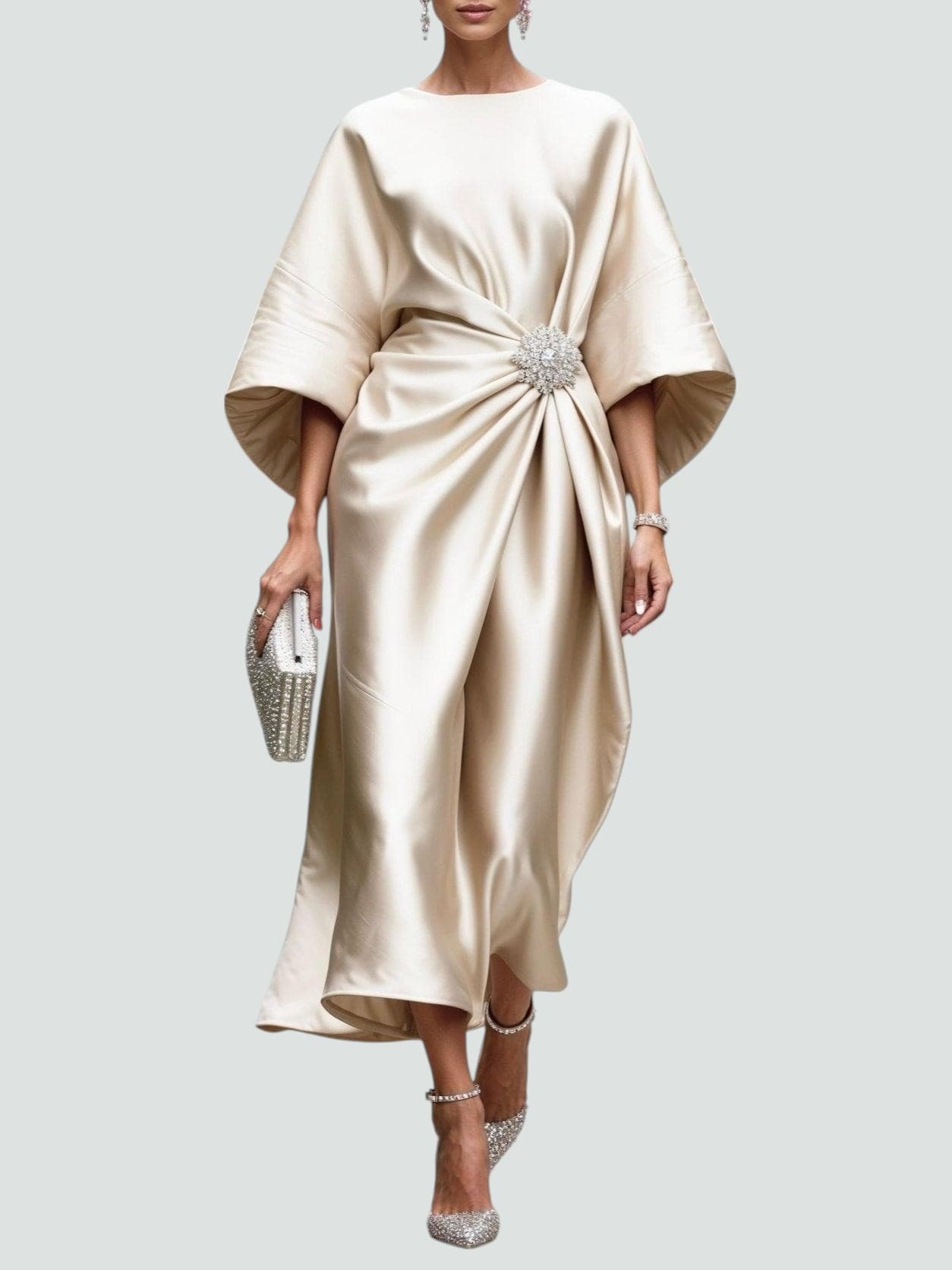 Women's Brooch-Accented Draped Sophisticated Maxi Dress
