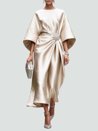 Women's Brooch-Accented Draped Sophisticated Maxi Dress