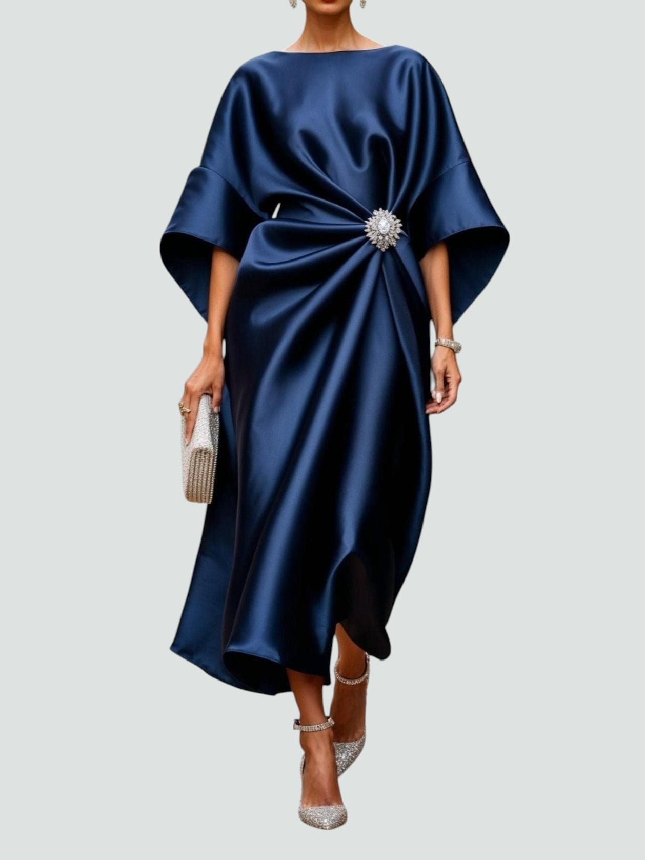 Women's Brooch-Accented Draped Sophisticated Maxi Dress