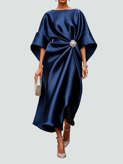 Women's Brooch-Accented Draped Sophisticated Maxi Dress
