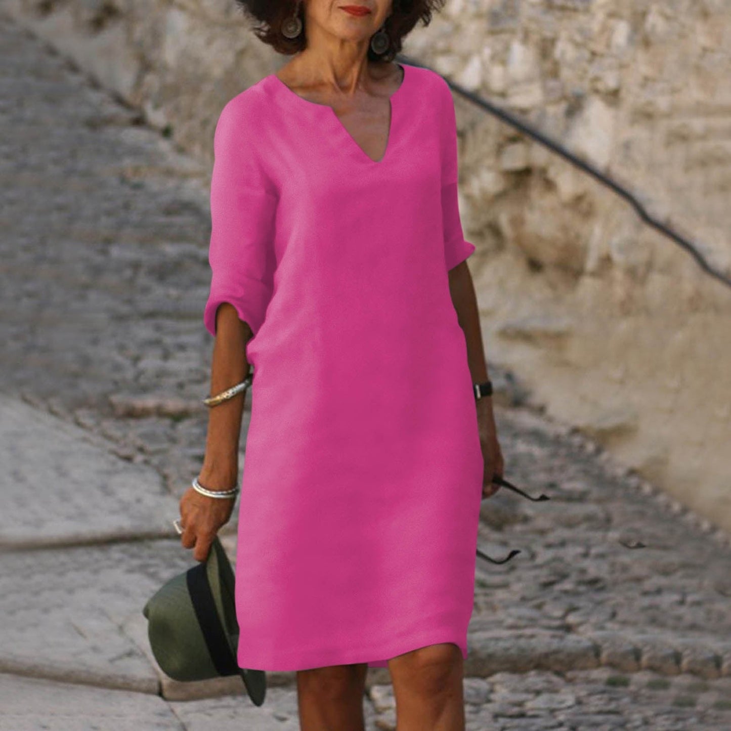 Women's Plain V-Neck Knee-Length Dress