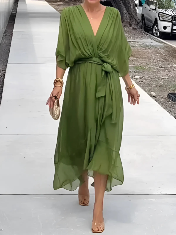 Women's Butterfly-Sleeve Midi Dress with Bow Belt