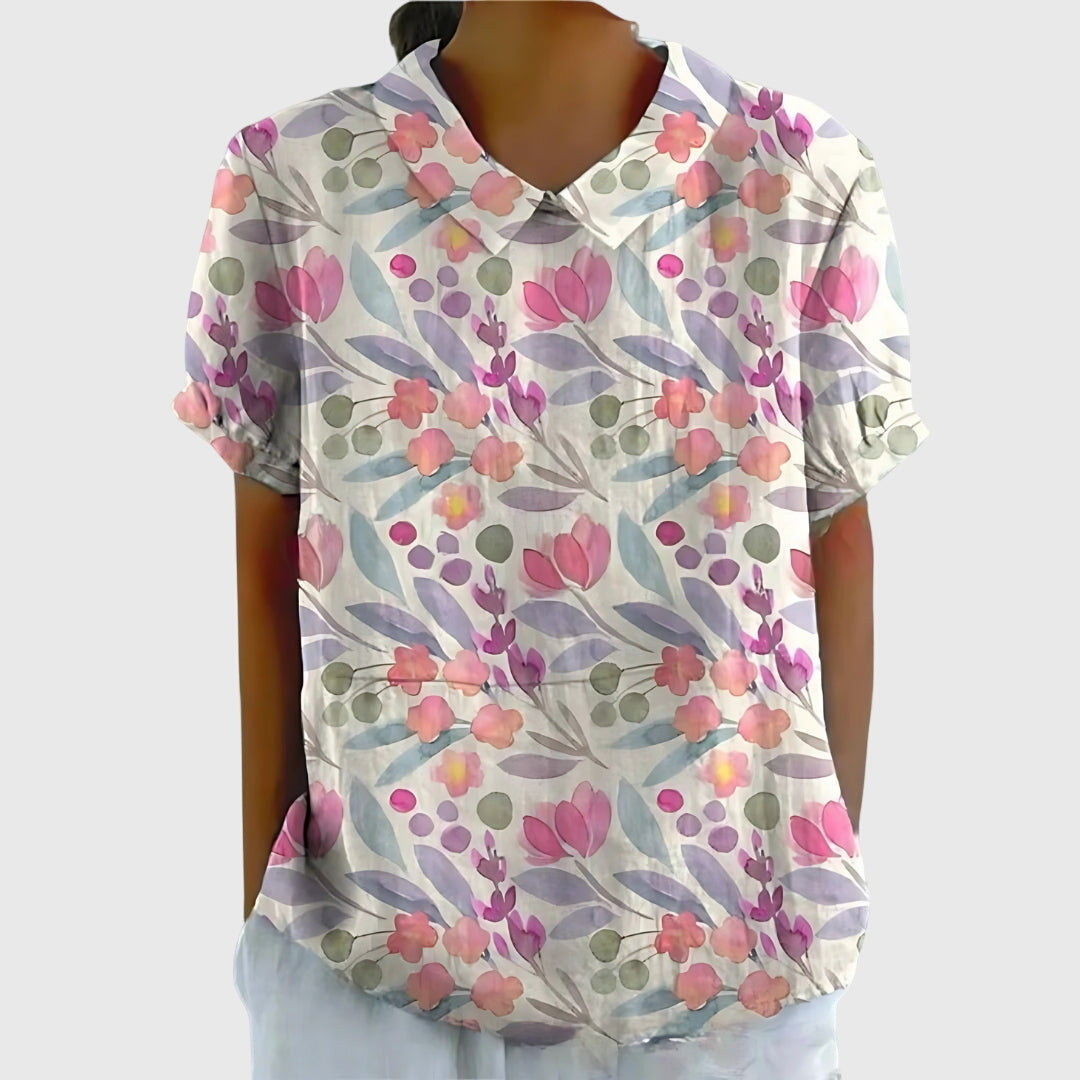 Women's Short-Sleeve Blouse with Floral Accent Collar