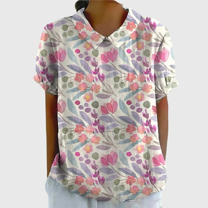 Women's Short-Sleeve Blouse with Floral Accent Collar
