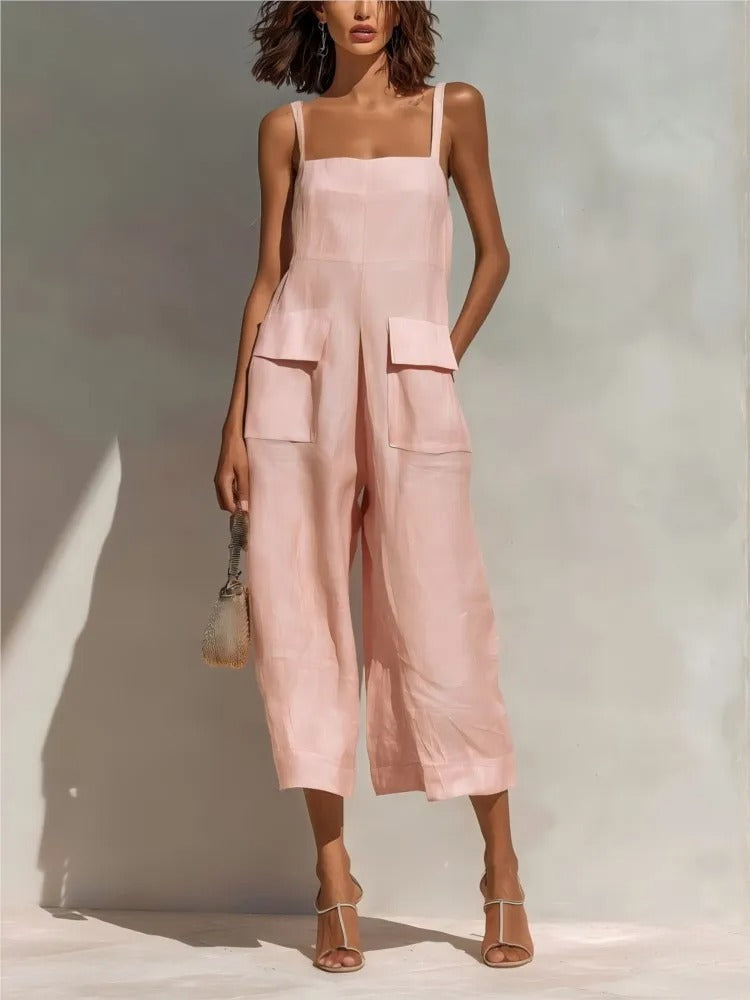 Women's Belted Linen Midi Dress with Pockets