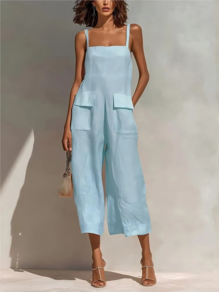 Women's Belted Linen Midi Dress with Pockets