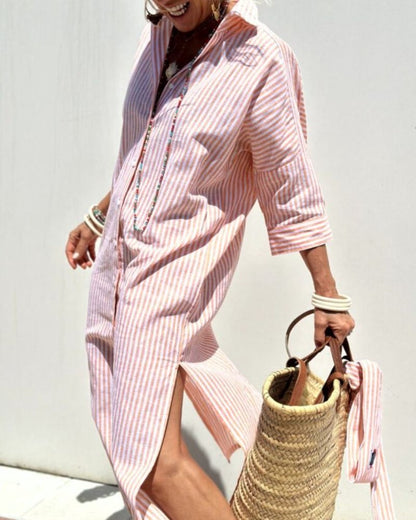 Women's Button-Front Striped Midi Shirt Dress
