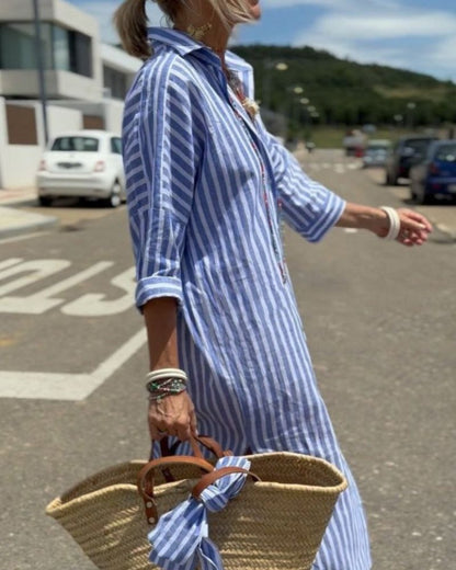Women's Button-Front Striped Midi Shirt Dress