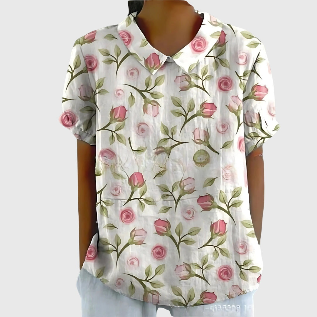 Women's Short-Sleeve Blouse with Floral Accent Collar