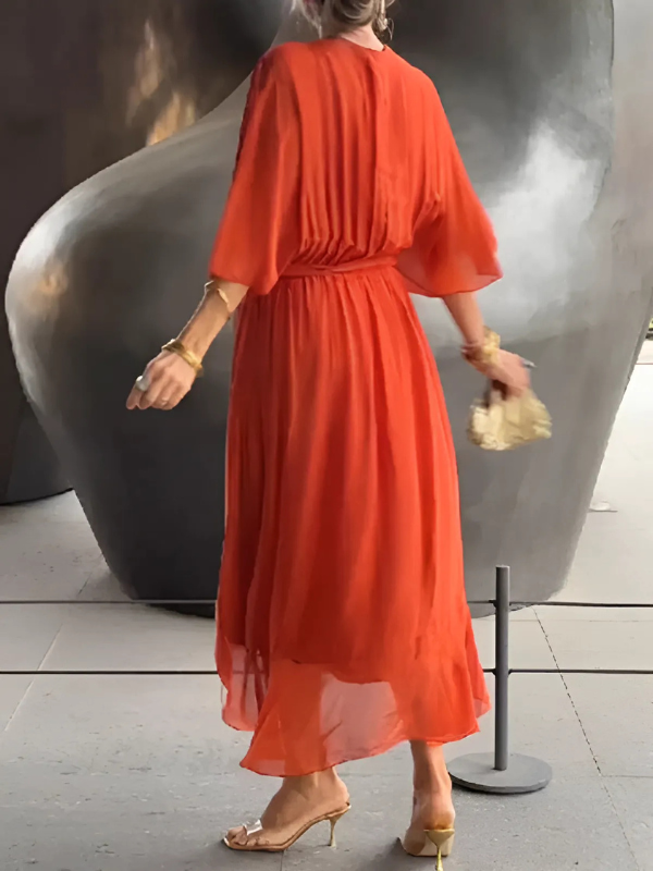 Women's Butterfly-Sleeve Midi Dress with Bow Belt