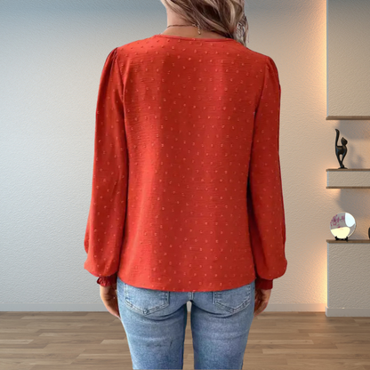 Women's Long-Sleeve V-Neck Blouse with Floral Accents