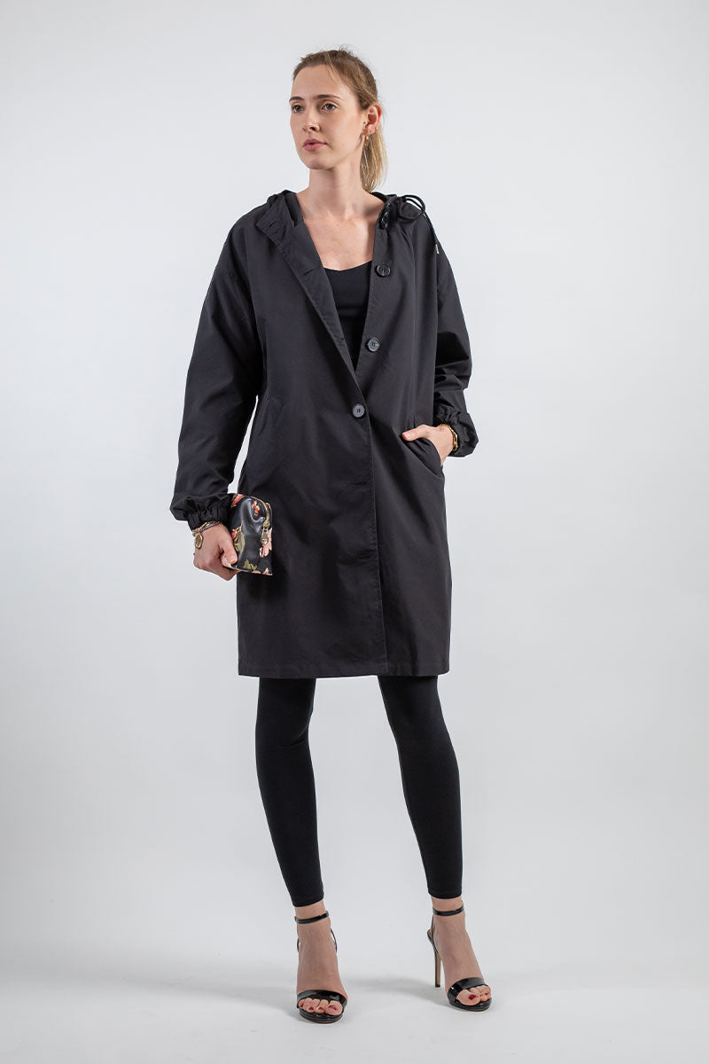 Women's Hooded Long Coat with Button Front