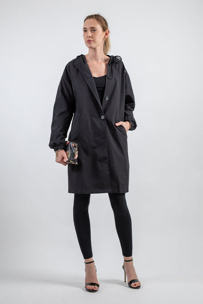 Women's Hooded Long Coat with Button Front