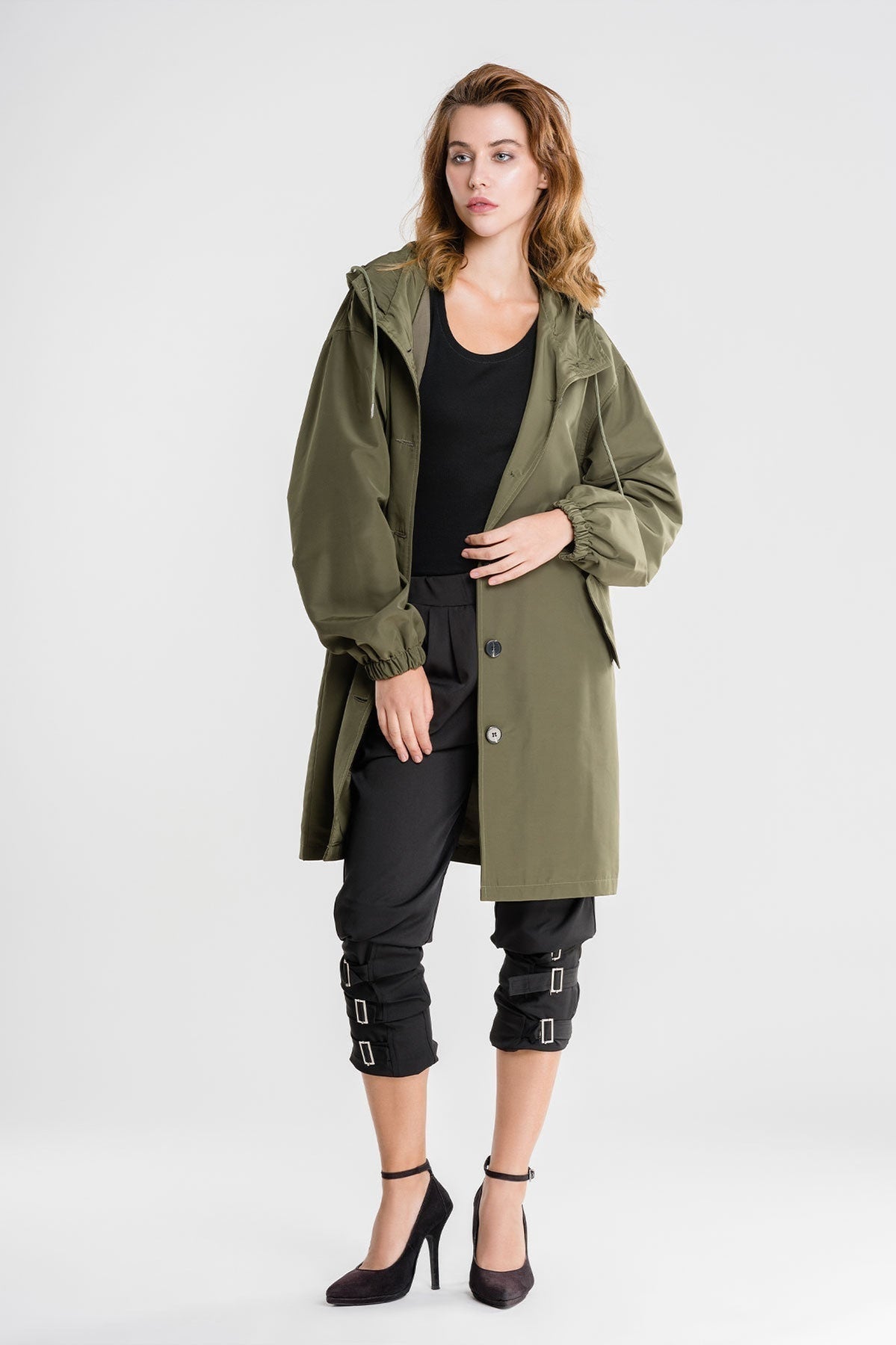 Women's Hooded Long Coat with Button Front