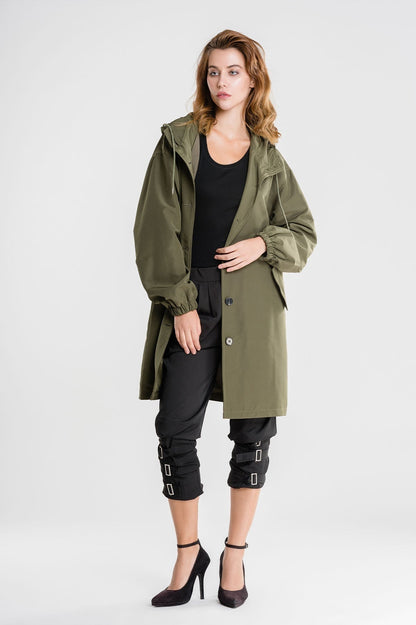 Women's Hooded Long Coat with Button Front