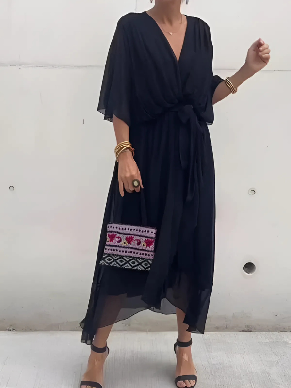 Women's Butterfly-Sleeve Midi Dress with Bow Belt