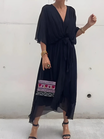 Women's Butterfly-Sleeve Midi Dress with Bow Belt