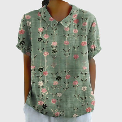Women's Short-Sleeve Blouse with Floral Accent Collar