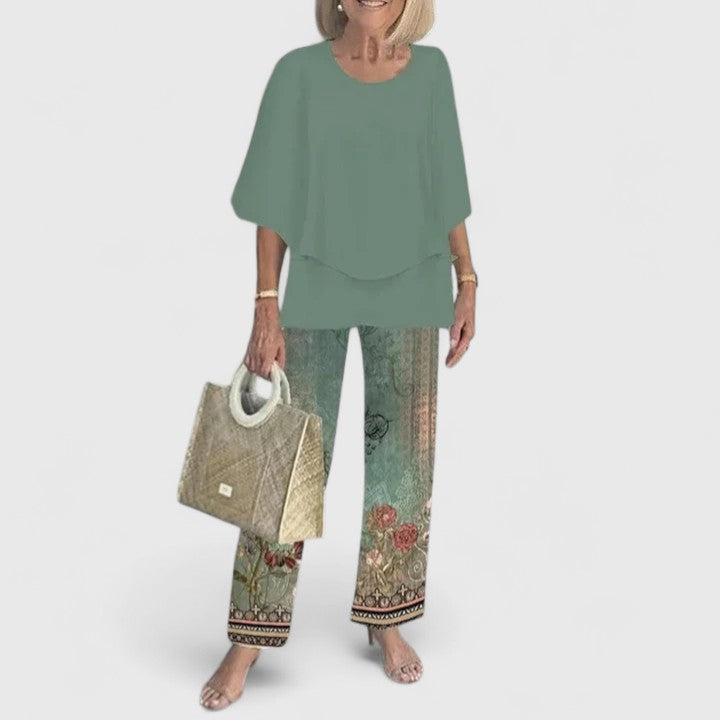 Women's Patterned Top and Trouser Two-Piece Set