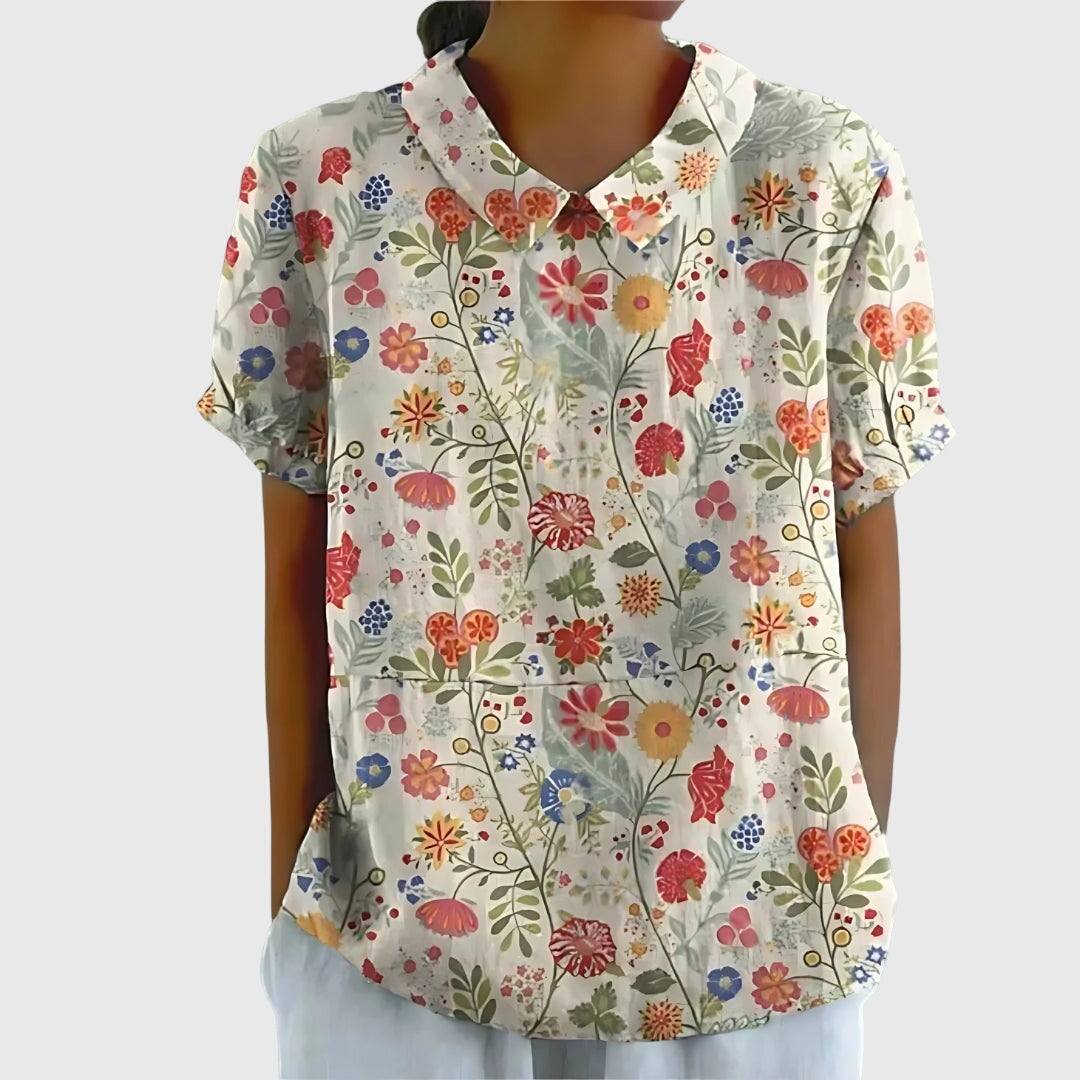 Women's Short-Sleeve Blouse with Floral Accent Collar