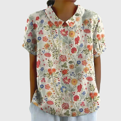 Women's Short-Sleeve Blouse with Floral Accent Collar