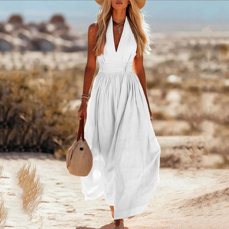 Women's Bohemian Sleeveless Halter Linen Maxi Dress